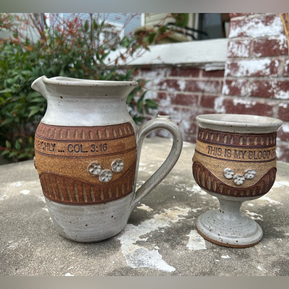 ED SCHROCK Down to Earth Pottery Pitcher/Creamer and Goblet Religion Bible EUC
